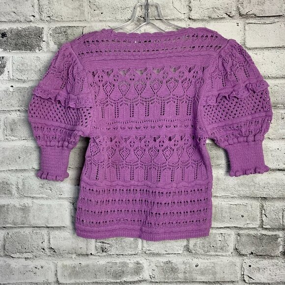 Zara Pointelle Knit Crochet Puff Sleeve Scoop Neck Lavender Cropped Sweater - Picture 5 of 13